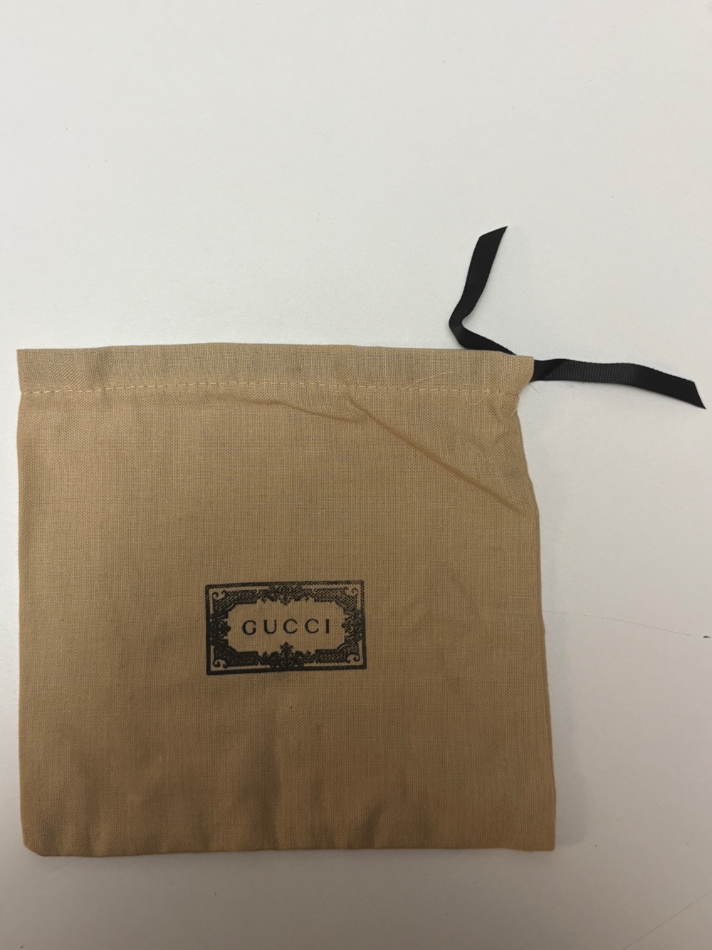 Gucci Tan Fabric Drawstring Pouch with Black Ribbon